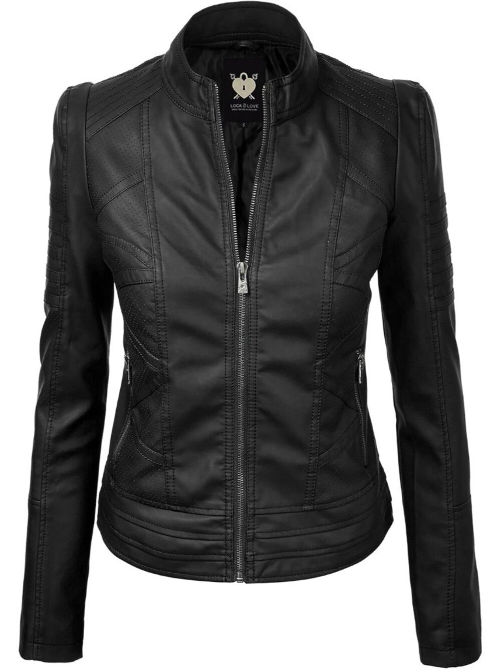 Women's Black Solid Faux Leather Slim Panelled Vegan Classic Motorcycle Jacket